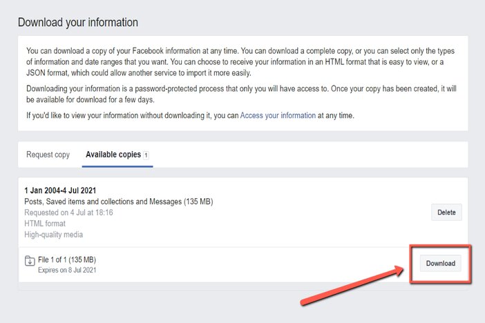 7. Click on download to have your facebook data downladed blogamigo
